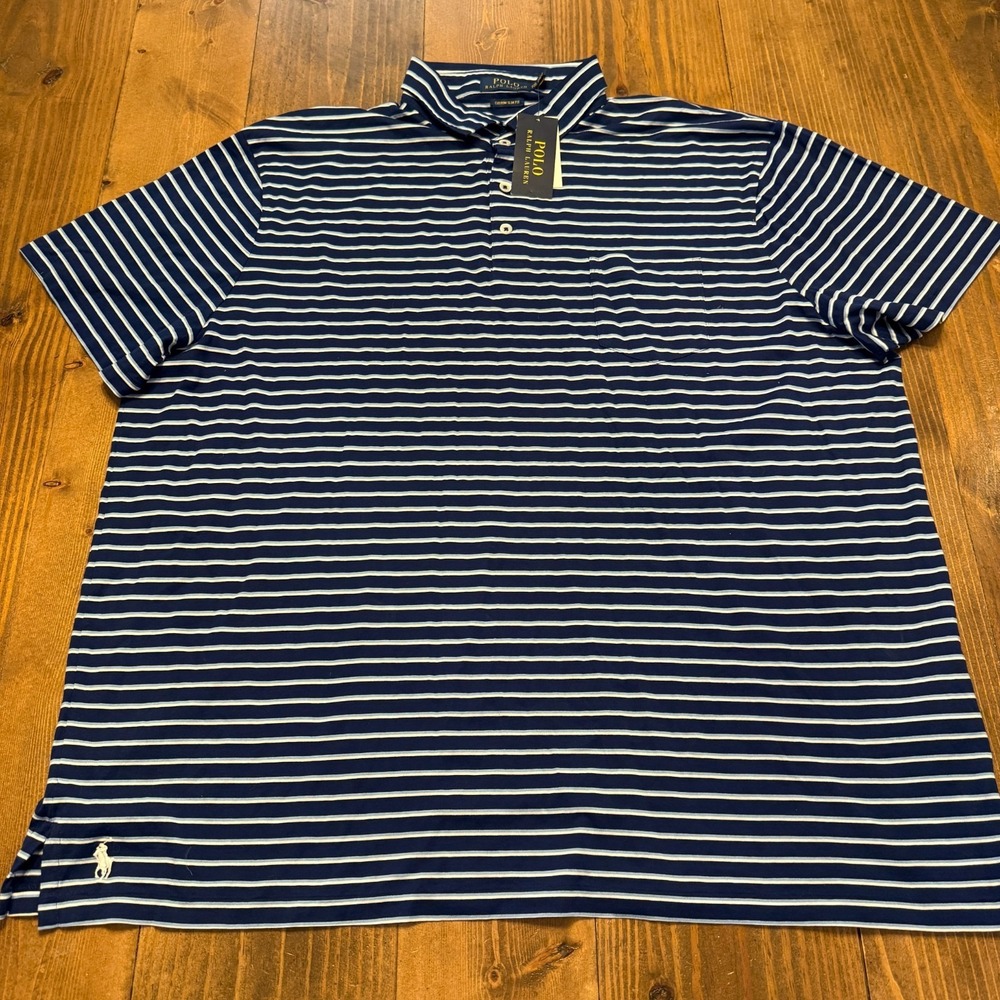 Polo Ralph Lauren Polo Shirt Mens 2XL Blue Navy Striped Cotton Pony Preppy NEW‎